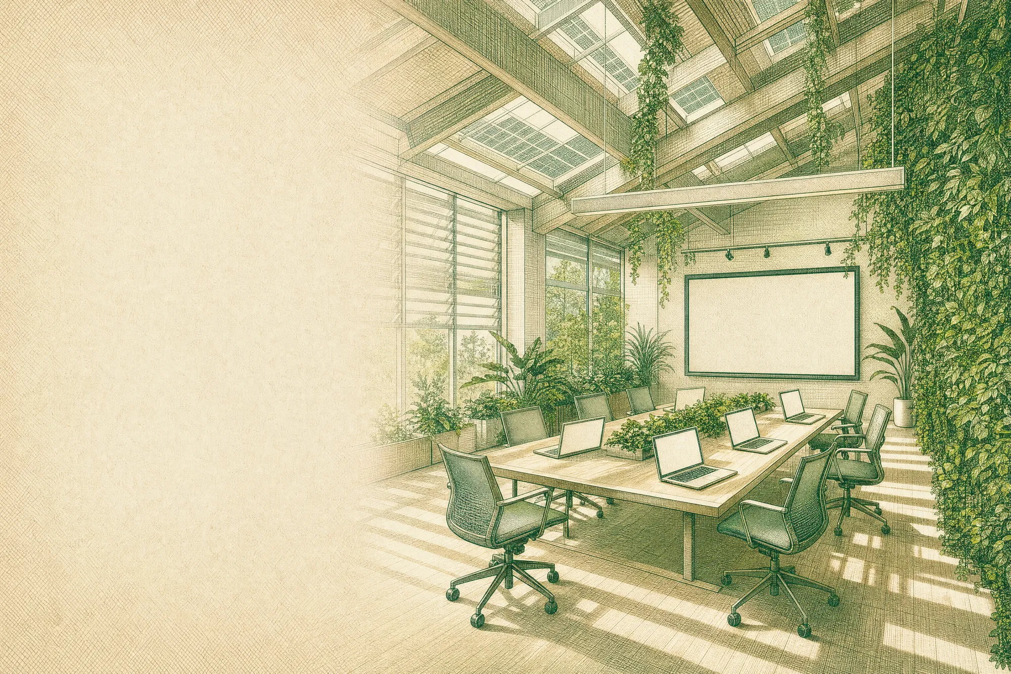 Grabado de una sala de equipo con una mesa larga, seis laptops abiertas, una pantalla en blanco al fondo y una pared de plantas bajo un techo con paneles solares.