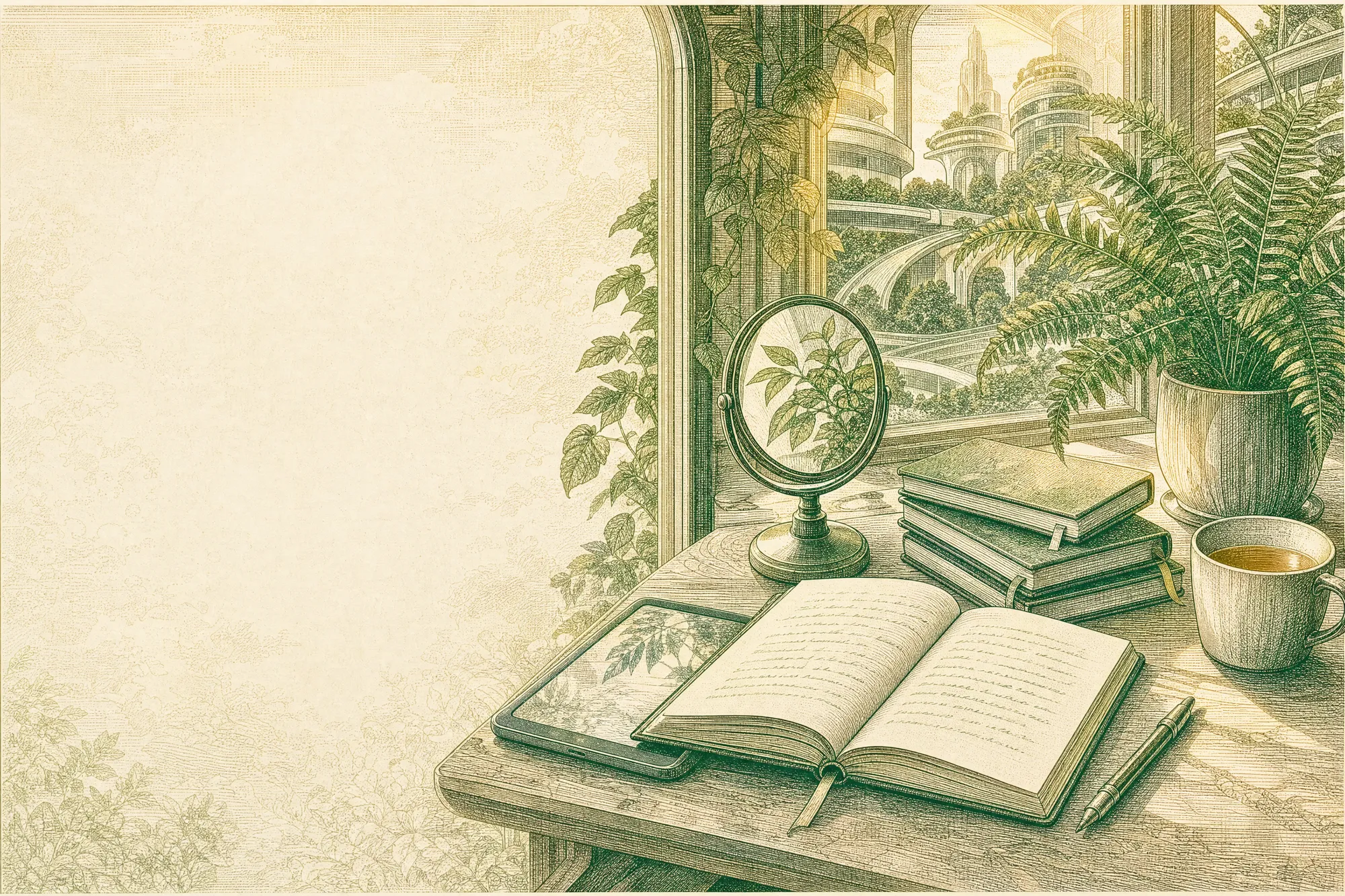 Grabado de una mesa junto a una ventana: un diario abierto con una pluma, una tableta y unos libros, y un espejo redondo que refleja una planta.
