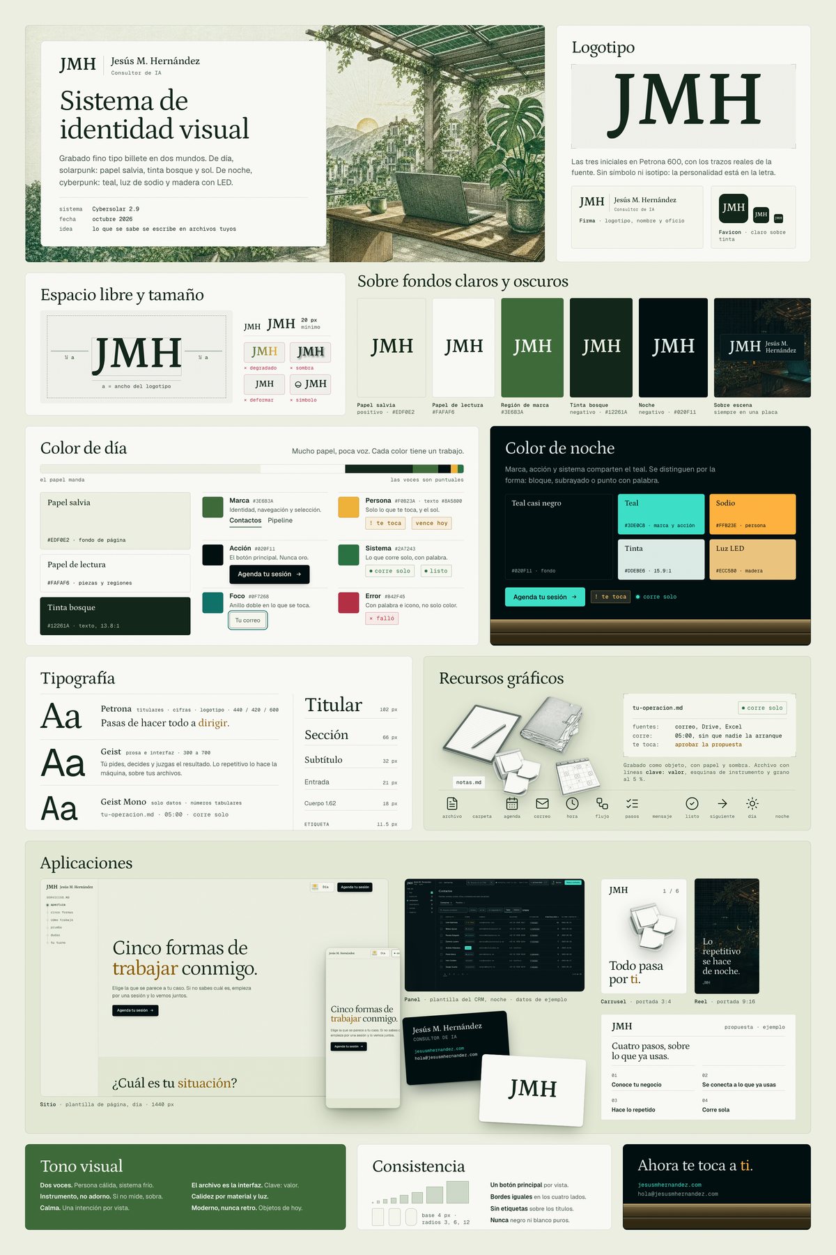 Ejemplo: el póster de identidad de jesusmhernandez.com, con logotipo, color, letras y aplicaciones