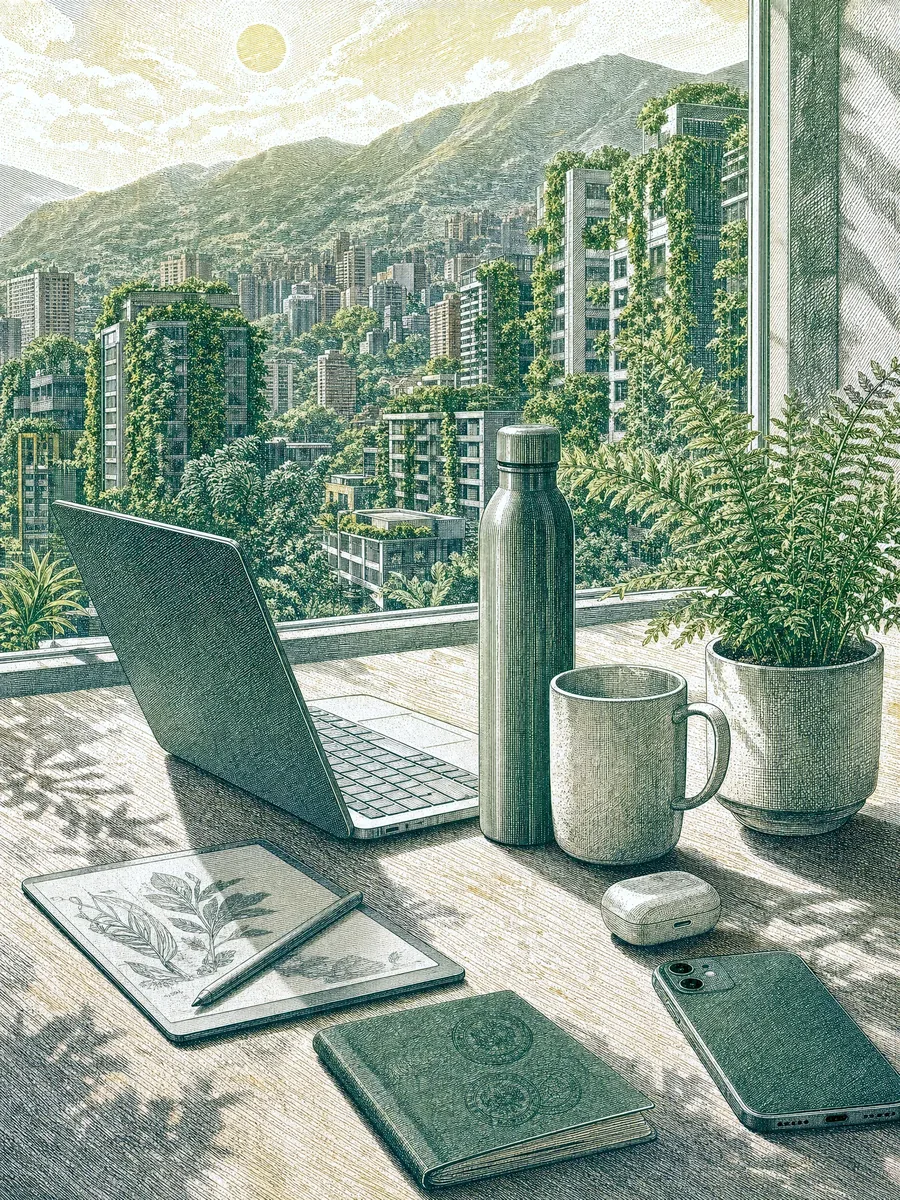 Grabado de un escritorio junto a una ventana grande con vista a una ciudad de torres cubiertas de plantas entre montañas, a plena luz de día: una laptop abierta, una tableta con un dibujo de hojas, una libreta, un teléfono, una botella, una taza y un helecho en maceta.