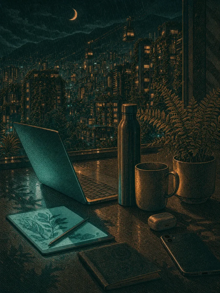 El mismo escritorio de noche y con lluvia: la tableta ilumina la mesa y las ventanas de los edificios con plantas están encendidas.