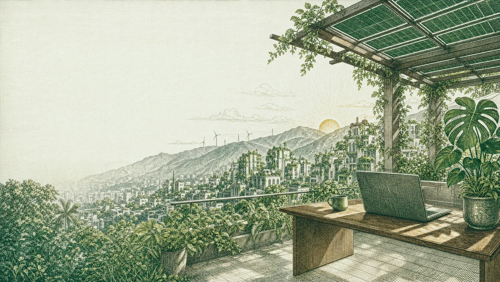Grabado de una terraza con pérgola solar y escritorio con laptop, frente a una ciudad de montaña cubierta de jardines verticales al amanecer.