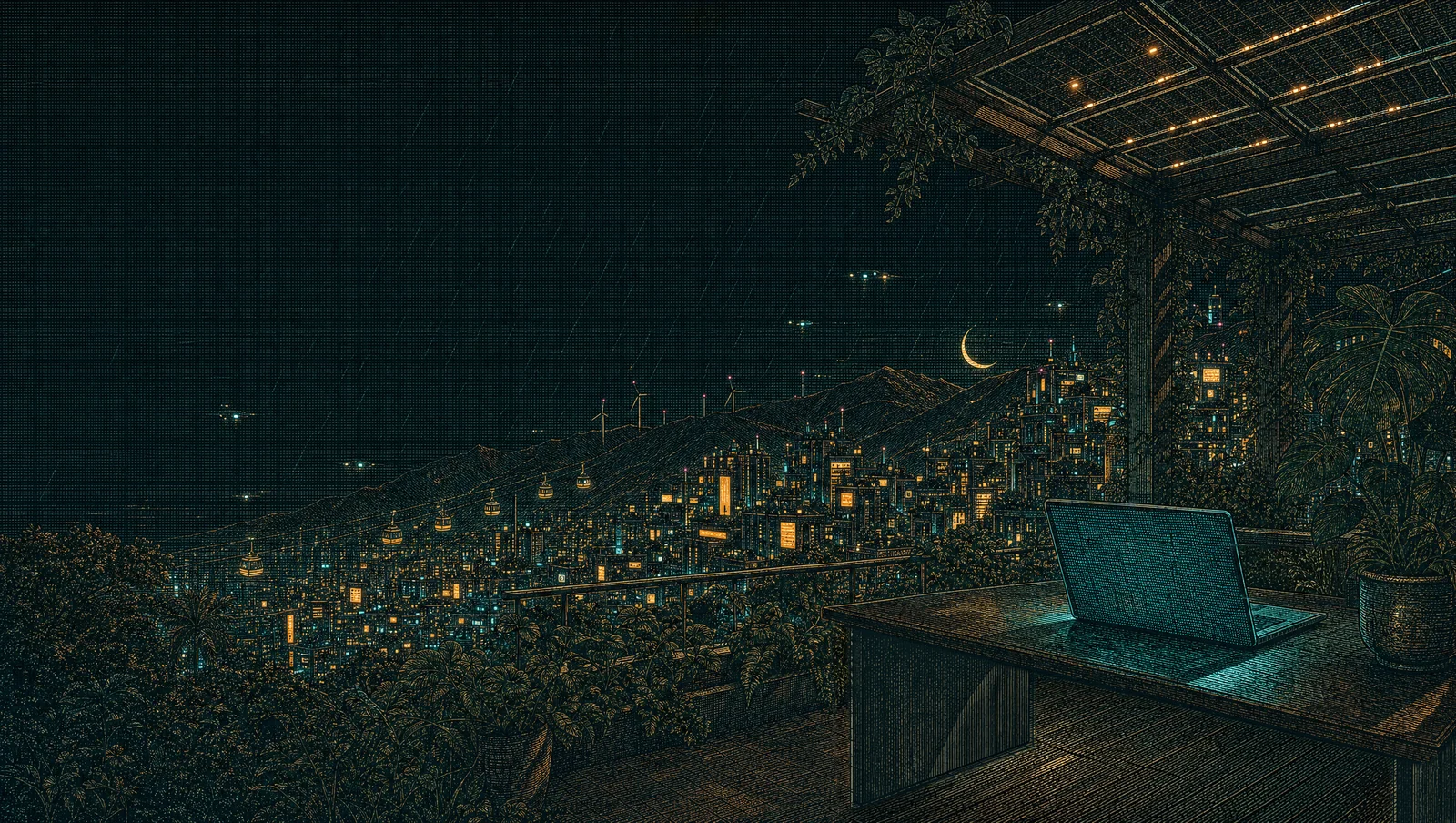 La misma terraza de noche: ciudad iluminada en ámbar, lluvia, teleférico y la laptop encendida sobre el escritorio.