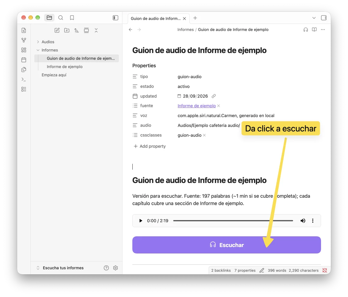 Guion de audio en Obsidian con el botón Escuchar.