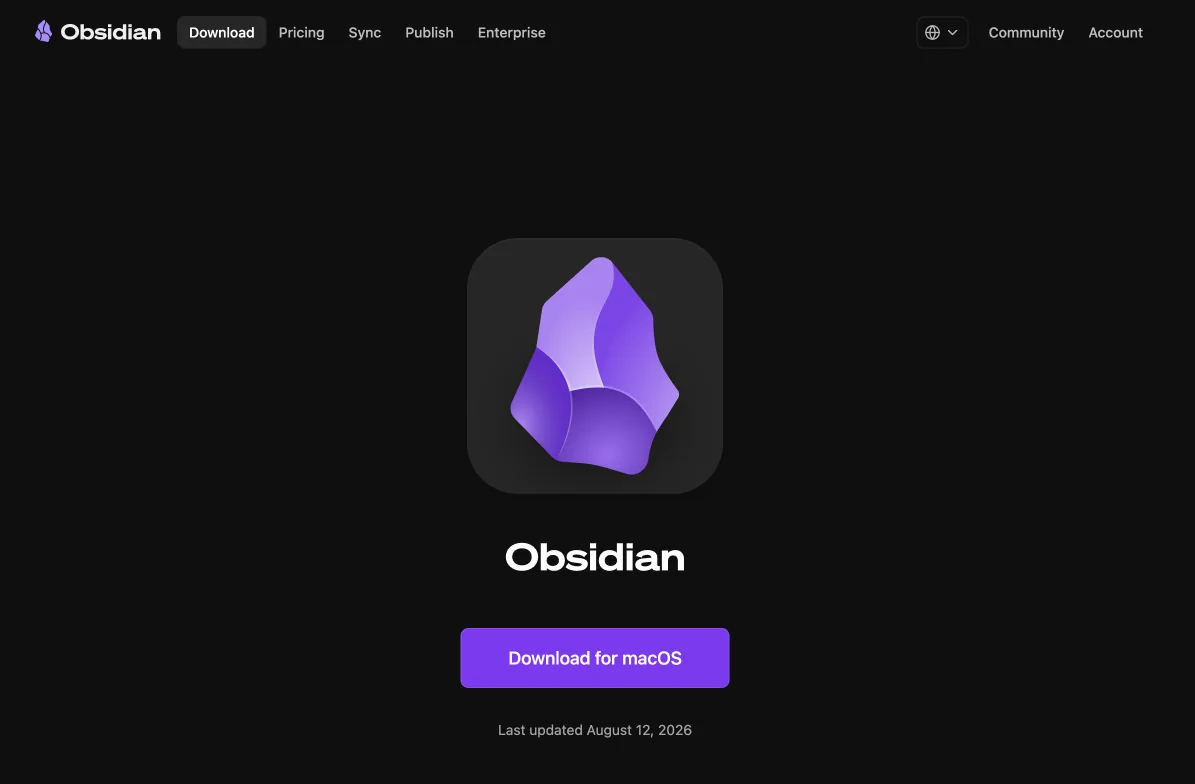 Página de descarga de Obsidian con el botón Download for macOS.