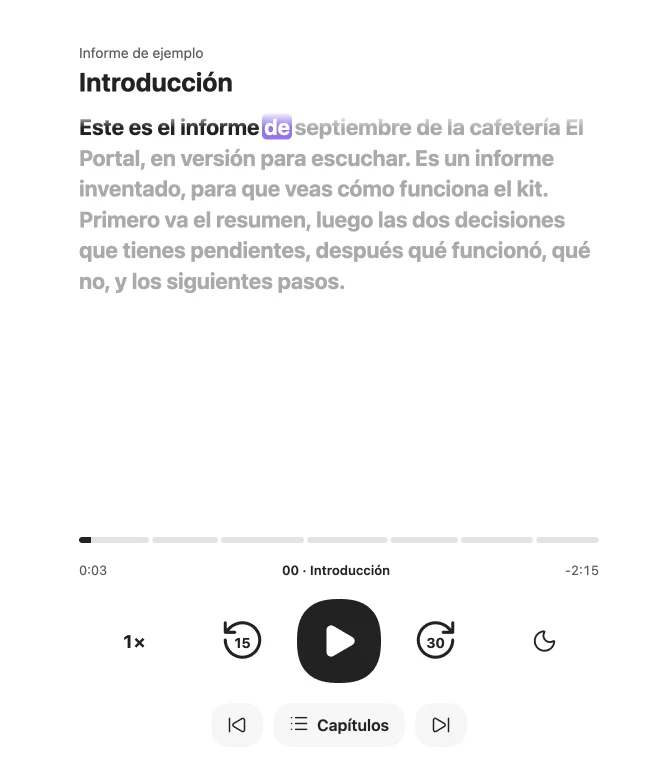 El reproductor abierto en Obsidian: capítulo, texto iluminado palabra por palabra y controles grandes.