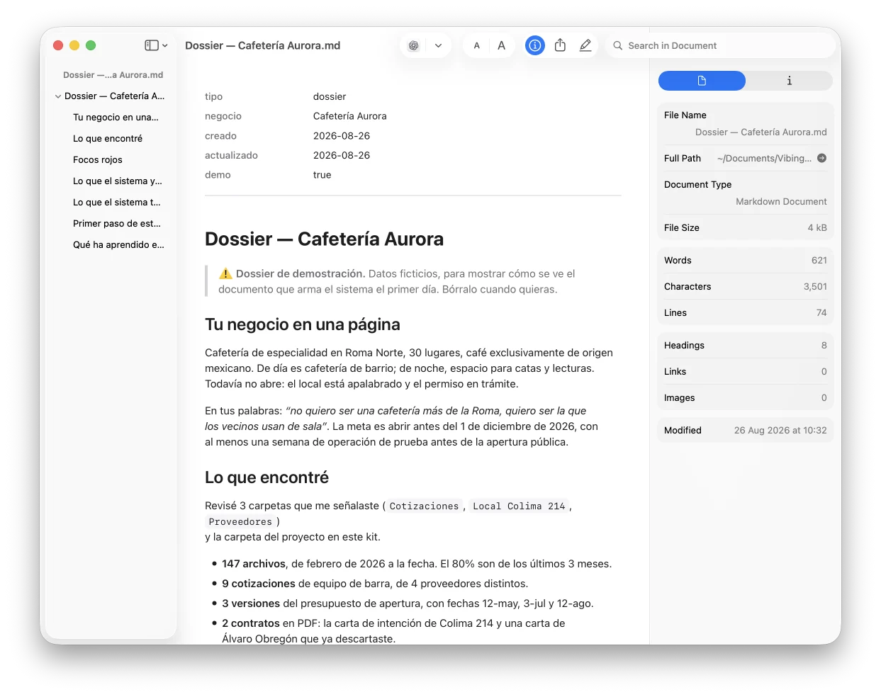 Dossier de un negocio generado por el kit: qué entendió, qué encontró en los archivos, focos rojos y preguntas abiertas.