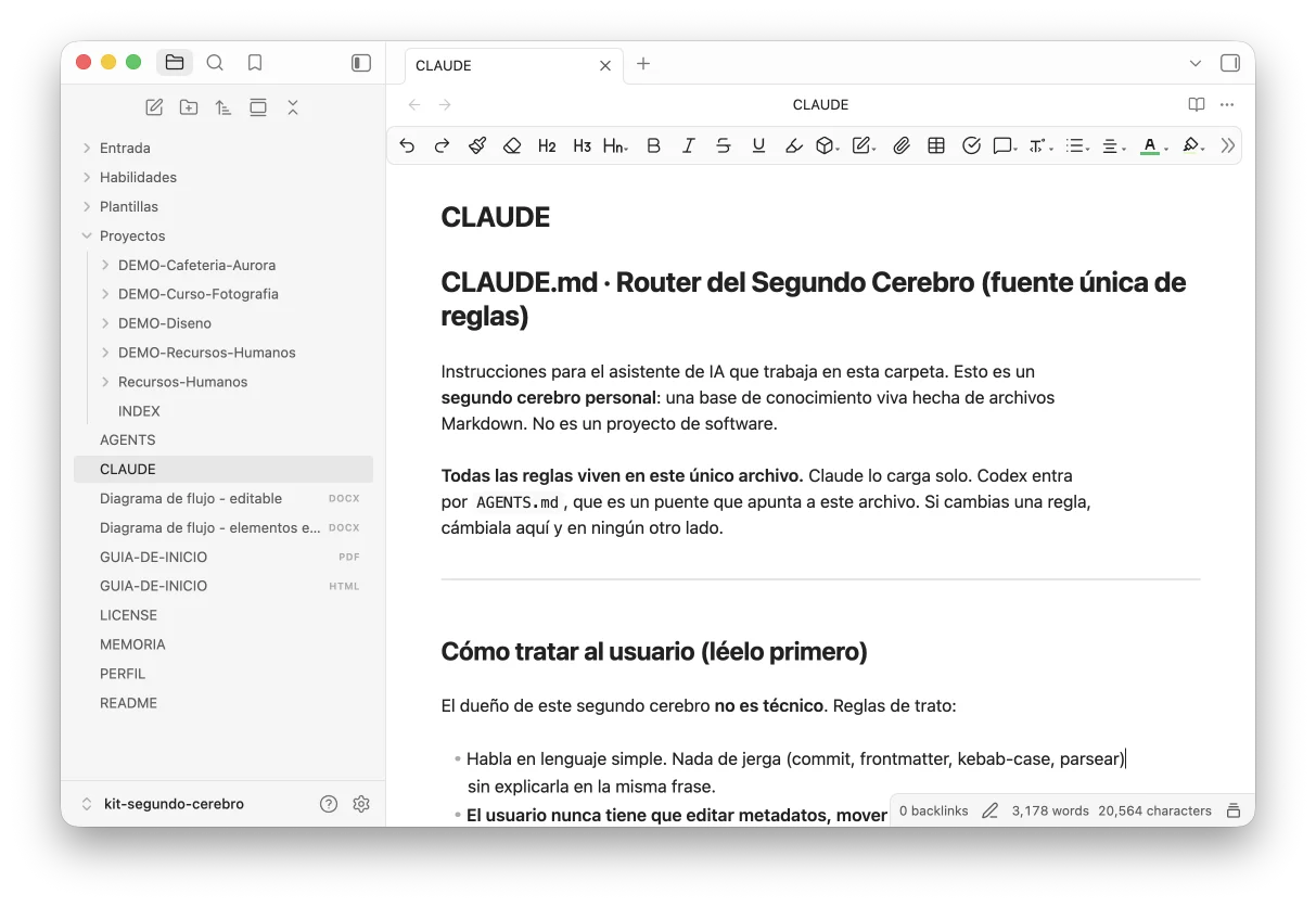 El Kit Segundo Cerebro abierto en Obsidian, con sus carpetas Entrada, Habilidades, Plantillas y Proyectos.